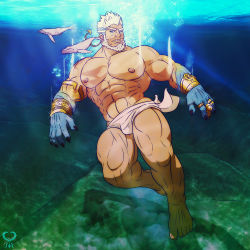 Rule 34 | 1boy, abs, aegir (housamo), aqua hair, armlet, bara, beard, blue eyes, bracelet, bulge, commentary, dark-skinned male, dark skin, english commentary, facial hair, fingernails, fins, fish boy, full body, giant, giant male, gold, jewelry, large pectorals, leomon32, loincloth, looking at viewer, male focus, mature male, multicolored hair, multiple rings, muscular, muscular male, navel, nipples, pectorals, ring, sharp fingernails, short hair, solo, stomach, streaked hair, thick thighs, thighs, tokyo houkago summoners, topless male, underwater, white hair