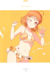 Rule 34 | 1girl, 6u (eternal land), absurdres, ahoge, bikini, blush, breasts, character name, halterneck, highres, looking at viewer, love live!, love live! sunshine!!, one eye closed, orange hair, red eyes, short hair, simple background, small breasts, smile, solo, splashing, swimsuit, takami chika, tattoo, waving, yellow background