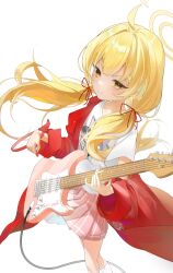 Rule 34 | 1girl, absurdres, ahoge, blonde hair, blue archive, blush, cable, closed mouth, commentary request, electric guitar, guitar, guo chan, halo, highres, instrument, jacket, long hair, looking at viewer, low twintails, music, official alternate costume, official alternate hairstyle, pink skirt, playing instrument, pleated skirt, print shirt, red jacket, shirt, simple background, single off shoulder, skirt, smile, socks, solo, standing, twintails, white background, white shirt, white socks, yellow eyes, yellow halo, yoshimi (band) (blue archive), yoshimi (blue archive)