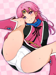 Rule 34 | 1girl, blush, boots, checkered background, dragon quest, dragon quest dai no daibouken, grin, haga yui, head tilt, highres, long hair, looking at viewer, maam, panties, pink background, pink hair, purple eyes, simple background, smile, solo, spread legs, sweat, underwear, white panties
