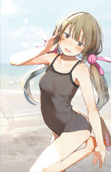 Rule 34 | 1girl, beach, black one-piece swimsuit, blunt bangs, blush, brown hair, cloud, commentary request, flip-flops, fuu fuu, highres, looking at viewer, natori sana, ocean, one-piece swimsuit, open mouth, red eyes, sana channel, sandals, sky, solo, standing, standing on one leg, swimsuit, twintails, virtual youtuber, wet