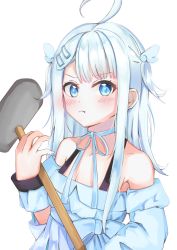 Rule 34 | 1girl, ahoge, amatsuka uto, angel wings, blue hair, blush, breasts, colored tips, dress, getting over it, hair ornament, hairclip, halter dress, halterneck, halterneck, hammer, highres, indie virtual youtuber, looking at viewer, minertime, multicolored hair, off-shoulder dress, off shoulder, parody, pout, ribbon, simple background, sledgehammer, sleeves past wrists, solo, twintails, virtual youtuber, white background, wings