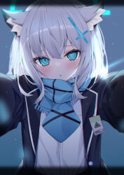 Rule 34 | 1girl, absurdres, animal ear fluff, animal ears, backlighting, blazer, blue archive, blue eyes, blush, commentary, cross hair ornament, gou 213, grey hair, hair between eyes, hair ornament, halo, highres, jacket, looking at viewer, medium hair, outstretched arms, parted lips, reaching, reaching towards viewer, scarf, school uniform, shiroko (blue archive), solo, tsurime, upper body