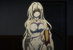 Rule 34 | 1girl, bare shoulders, blindfold, blonde hair, book, breasts, collarbone, dress, goblin slayer!, hair between eyes, highres, jewelry, large breasts, long hair, long sleeves, necklace, screencap, smile, stitched, sword maiden, third-party edit, white dress