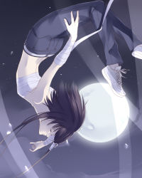 Rule 34 | 1boy, androgynous, arched back, bandages, full moon, fuuchouin kazuki, getbackers, highres, jumping, male focus, moon, papillon10, sarashi, short hair with long locks, solo, trap, upside-down