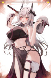 Rule 34 | 1girl, arknights, bare shoulders, blush, breasts, chinese commentary, commentary request, highres, holding, horns, large breasts, long hair, looking at viewer, mudrock (arknights), mudrock (silent night) (arknights), nail polish, navel, official alternate costume, parted lips, pointy ears, red eyes, ru zhai, solo, thighs, weapon, white hair
