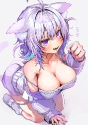 Rule 34 | 1girl, ahoge, animal ear fluff, animal ears, bare shoulders, breasts, camisole, cat ears, cat girl, cat tail, cleavage, clenched hand, full body, highres, hololive, jacket, kajimakoto, kneeling, large breasts, nekomata okayu, nekomata okayu (membership), off shoulder, official alternate costume, purple camisole, purple eyes, purple hair, purple jacket, purple nails, simple background, solo, spaghetti strap, tail, two side up, virtual youtuber, white background