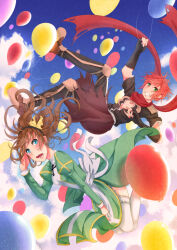 1boy 1girl alternate_color armor assassin_cross_(ragnarok_online) back_bow balloon black_gloves black_hairband black_pants black_shirt blue_eyes blue_sky blush bow brown_cape brown_hair cape cloud commentary dress elbow_gloves english_commentary falling fingerless_gloves frilled_thigh_strap full_body garter_straps gloves green_dress green_eyes grin hairband high_priest_(ragnarok_online) juliet_sleeves long_hair long_sleeves looking_at_viewer mayunnaize open_mouth orange_hair pants pauldrons puffy_sleeves ragnarok_online red_scarf sash scarf shirt short_hair shoulder_armor sky smile thigh_strap thighhighs torn_cape torn_clothes torn_scarf two-tone_dress waist_cape white_bow white_dress white_sash white_thighhighs