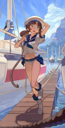 Rule 34 | 1girl, :d, bird, blue eyes, boat, boots, breasts, brown hair, commentary, english commentary, full body, hat, highres, medium breasts, mole, mole under eye, navel, open mouth, original, pier, ponytail, rope, sailor hat, smile, solo, timbougami, watercraft, white footwear