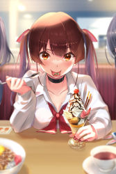 Rule 34 | 1girl, alternate costume, alternate eye color, alternate hair color, alternate universe, blurry, blurry foreground, blush, bra, bra visible through clothes, breasts, brown eyes, brown hair, cleavage, collarbone, collared shirt, cup, food, highres, hololive, houshou marine, ice cream, long hair, medium breasts, mole, mole on breast, nail polish, o-hako, out of frame, red bra, red nails, red neckwear, shirt, solo, sundae, teacup, tongue, tongue out, twintails, underwear, virtual youtuber, white shirt