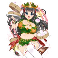 Rule 34 | 1girl, :o, animal ears, bamboo steamer, baozi, black footwear, black hair, blue eyes, blunt bangs, bouncing breasts, bow, breasts, bursting breasts, chinese clothes, cleavage, cleavage cutout, clothing cutout, colored eyelashes, cow ears, crop top, dragon, dragon print, eastern dragon, fake horns, floating hair, floral print, food, frills, green bow, green shirt, green skirt, hair bow, hand up, high heels, holding, holding tray, horns, huge breasts, kusaka souji, long hair, looking at viewer, menu, midriff, miniskirt, miru holstein, motion blur, motion lines, nail polish, navel, official art, on one knee, open mouth, pencil skirt, pink nails, red bow, ribbon-trimmed legwear, ribbon trim, shirt, shoes, short sleeves, sidelocks, skirt, solo, sparkle, spilling, star (symbol), straight hair, surprised, sweatdrop, tassel, thighhighs, tiara, transparent background, tray, turtleneck, uchi no hime-sama ga ichiban kawaii, unbuttoned, unbuttoned shirt, unfastened, wardrobe malfunction, white thighhighs, wide-eyed, wrist cuffs, zettai ryouiki