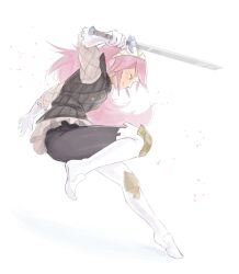 Rule 34 | 1girl, absurdres, artist name, boots, fire emblem, fire emblem fates, fire emblem heroes, from side, gambeson, gloves, hairband, highres, holding, holding sword, holding weapon, kaphrin, long hair, long sleeves, looking down, nintendo, pink eyes, pink hair, soleil (fire emblem), solo, sword, weapon, white background, white footwear, white gloves, white hairband