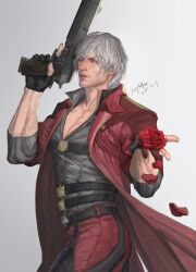 Rule 34 | 1boy, backless pants, bishounen, blue coat, blue eyes, coat, cowboy shot, dante (devil may cry), devil may cry, devil may cry (series), devil may cry 4, facial hair, fingerless gloves, flower, gloves, gun, hand up, handgun, highres, holding, holding gun, holding weapon, looking at viewer, male focus, mature male, one eye closed, pants, pectorals, red coat, red flower, red rose, rose, simple background, solo, trench coat, upper body, vaness fu, weapon, white hair