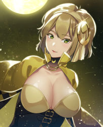 Rule 34 | 1girl, absurdres, anotherxalice, breasts, brown hair, cape, cleavage, full moon, green eyes, hair ornament, highres, large breasts, looking at viewer, medium hair, moon, nyasunyadoora, solo, upper body, yellow cape
