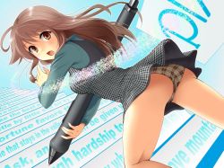 Rule 34 | 1girl, :o, ass, bare legs, brown eyes, brown hair, from behind, kneepits, long hair, looking back, open mouth, oversized object, panties, pantyshot, pixiv, plaid, plaid panties, regdic, solo, stylus, surprised, thighs, tongue, underwear, upskirt