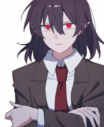 Rule 34 | 1girl, brown hair, brown jacket, collared shirt, commentary request, crossed arms, highres, jacket, long sleeves, medium hair, necktie, official alternate costume, parted lips, pointy ears, red eyes, red necktie, sakic43899, shameimaru aya, shameimaru aya (newsboy), shirt, simple background, solo, touhou, white background, white shirt