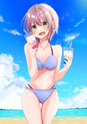 Rule 34 | 1girl, absurdres, arms up, beach, bikini, blue bikini, blue sky, blush, breasts, cleavage, cloud, collarbone, commentary request, cowboy shot, cup, dangle earrings, day, disposable cup, drinking straw, earrings, fingernails, front-tie bikini top, front-tie top, green eyes, hair between eyes, head tilt, highres, holding, holding cup, horizon, jewelry, layered bikini, looking at viewer, medium breasts, nail polish, ocean, open mouth, original, outdoors, purple hair, red nails, shigure0730, short hair, sky, smile, solo, standing, striped bikini, striped clothes, swimsuit, teeth, thigh gap