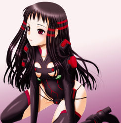 Rule 34 | 1girl, ar tonelico, ar tonelico ii, arm support, armor, black footwear, black hair, black thighhighs, blush, bodysuit, boots, breasts, clothing cutout, flat chest, gradient background, gust, high heel boots, high heels, inumori sayaka, jakuri (ar tonelico), kneeling, leotard, long hair, looking to the side, multicolored hair, purple background, red eyes, red hair, sitting, small breasts, solo, streaked hair, striped, thighhighs, two-tone hair, underboob, underboob cutout, vertical stripes, very long hair, wariza