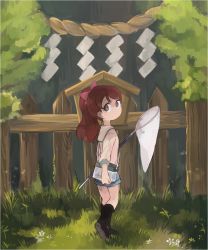 Rule 34 | 10s, 1girl, alto168, bad id, bad pixiv id, brown hair, butterfly net, fence, from behind, grass, hand net, high ponytail, highres, kodama fumika, long hair, looking back, outdoors, picket fence, rope, shimenawa, solo, tree, wooden fence, youkai watch