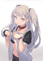 Rule 34 | 1girl, black bow, black bra, black pantyhose, blue eyes, blue nails, bow, bra, breasts, closed mouth, collar, commentary request, dress, dressing, earrings, eyebrows hidden by hair, gradient background, grey background, grey hair, hair bow, heart, highres, jewelry, long hair, looking at viewer, nail polish, navel, original, pantyhose, peroncho, puffy short sleeves, puffy sleeves, red collar, short sleeves, small breasts, solo, two side up, underwear, very long hair, white background, white dress