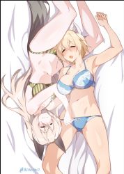 Rule 34 | 2girls, animal ear fluff, animal ears, armpits, blonde hair, blue bra, blue panties, blush, bra, breasts, cleavage, closed eyes, closed mouth, eila ilmatar juutilainen, fox ears, fox tail, green bra, green panties, highres, large breasts, lying, multiple girls, navel, nikka edvardine katajainen, on back, on bed, on side, open mouth, panties, short hair, silver hair, smile, strike witches, tail, tilt-shift (azalanz), underwear, weasel ears, weasel tail, world witches series, yuri