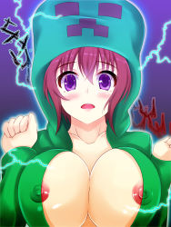 Rule 34 | 1girl, bad id, bad pixiv id, blush, breasts, charged creeper, coat, creeparka, creeper, electricity, covered erect nipples, gameplay mechanics, hood, hoodie, large breasts, lightning, looking at viewer, minecraft, naked coat, naked hoodie, nipple slip, nipples, okuri banto, personification, purple eyes, red eyes, short hair, solo, upper body, you gonna get raped