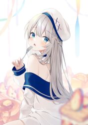 Rule 34 | 1girl, :o, bare shoulders, beret, blue eyes, blurry, blurry foreground, blush, braid, food, food on face, fork, from behind, grey hair, hair ornament, hat, highres, holding, holding fork, indie virtual youtuber, jacket, long hair, looking back, mole, mole under eye, multicolored clothes, multicolored jacket, nagino mashiro, off shoulder, open mouth, ragi (diabolik angle), solo, two-tone jacket, virtual youtuber, white hat