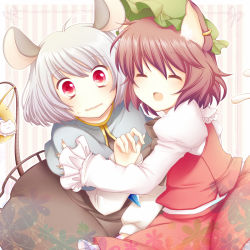 Rule 34 | 2girls, ahoge, animal ears, bad id, bad pixiv id, basket, blush, brown dress, brown hair, capelet, cat, cat ears, cat tail, chen, dress, ear piercing, earrings, closed eyes, fang, female focus, fingernails, floral print, grey hair, hat, hug, jewelry, long fingernails, long sleeves, mouse ears, mouse tail, multiple girls, multiple tails, nazrin, necklace, nekomata, open mouth, pendant, piercing, puffy sleeves, red eyes, sanotsuki, scared, shirt, short hair, skirt, skirt set, surprised, tail, touhou, wavy mouth, wide-eyed