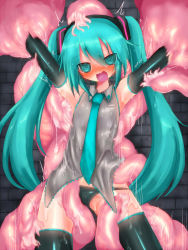 Rule 34 | 1girl, ahegao, blue hair, blush, elbow gloves, female focus, fucked silly, gloves, hatsune miku, heart, heart-shaped pupils, highres, kyuusui gakari, monster, necktie, open mouth, panties, symbol-shaped pupils, tentacles, thighhighs, twintails, underwear, vaginal, vocaloid, wet