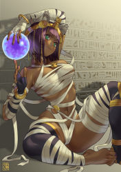 Rule 34 | 1girl, :3, alternate costume, ass, bandages, barefoot, black gloves, bracelet, breasts, cleavage, curvy, dark-skinned female, dark skin, egyptian, fingerless gloves, gloves, green eyes, head tilt, highres, huge ass, jewelry, looking at viewer, medium breasts, menat, mummy costume, nail polish, naked bandage, navel, official alternate costume, open hand, orb, poch4n, pointing, pointing up, purple hair, purple nails, short hair, single glove, smile, solo, street fighter, street fighter v, thighhighs, wide hips