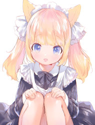 Rule 34 | 1girl, animal ears, apron, black dress, blunt bangs, blush, commentary request, dress, hands on own knees, highres, knees up, maid, maid headdress, mutou mato, neck ribbon, open mouth, orange hair, original, purple eyes, ribbon, simple background, sketch, smile, solo, twintails, white apron, white background