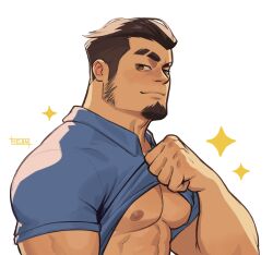 Rule 34 | 1boy, abs, absurdres, artist name, bara, bare pectorals, black hair, brown eyes, closed mouth, clothes lift, eyebrow cut, facial hair, helbai, highres, large pectorals, looking at viewer, male focus, muscular, muscular male, nipples, original, pectorals, shirt, shirt lift, short hair, simple background, solo, thick eyebrows, white background