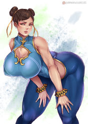 Rule 34 | 1girl, ass, bent over, breasts, brown hair, capcom, chun-li, cleavage, cleavage cutout, clothing cutout, covered erect nipples, earrings, huge breasts, jewelry, kachima, large breasts, lipstick, makeup, solo, street fighter