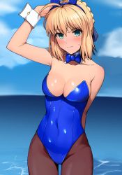 Rule 34 | 1girl, ai-assisted, alternate costume, animal ears, annoyed, artoria pendragon (all), artoria pendragon (fate), bare shoulders, beach, blue leotard, blush, bow, bowtie, breasts, commentary, covered navel, detached collar, fake animal ears, fate/stay night, fate (series), frown, haruhisky, highres, leotard, looking at viewer, medium breasts, outdoors, pantyhose, playboy bunny, rabbit ears, saber (fate), solo, strapless, strapless leotard, sweatdrop, wrist cuffs