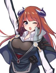 Rule 34 | 1girl, ;d, arknights, arm up, bagpipe (arknights), black capelet, black jacket, black shirt, blush, breasts, capelet, dragon horns, highres, horns, jacket, kusonemita, large breasts, long hair, long sleeves, looking at viewer, one eye closed, open clothes, open jacket, open mouth, purple eyes, red hair, shirt, simple background, smile, solo, upper body, very long hair, white background