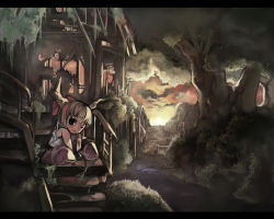 Rule 34 | 1girl, bad id, bad pixiv id, blonde hair, bow, cusui, female focus, horns, ibuki suika, letterboxed, long hair, nature, one eye closed, oni, outdoors, ruins, sky, smile, solo, stream, sunset, touhou, wink