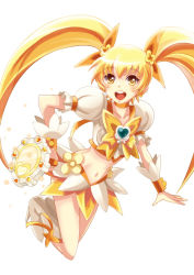 Rule 34 | 10s, 1girl, blonde hair, boots, bow, brooch, cure sunshine, hair ribbon, heart, heart brooch, heartcatch precure!, high heels, hokuyuu, instrument, knee boots, magical girl, midriff, myoudouin itsuki, navel, open mouth, orange bow, precure, ribbon, shoes, skirt, solo, tambourine, twintails, white background, wrist cuffs, yellow bow, yellow eyes, yellow skirt
