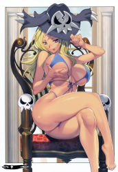 Rule 34 | 10s, 1girl, :p, absurdres, adjusting clothes, adjusting headwear, ass, barefoot, bikini, blonde hair, blue bikini, breast hold, breasts, chair, curvy, feet, hat, highres, homare (fool&#039;s art), large breasts, legs, crossed legs, long hair, looking at viewer, mole, mole under mouth, page number, pink eyes, grabbing own breast, senran kagura, shiki (senran kagura), sitting, skull, solo, swimsuit, tan, thighs, tongue, tongue out, wide hips