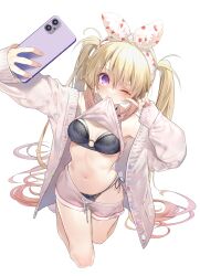Rule 34 | 1girl, absurdres, bare shoulders, black bra, black panties, blonde hair, blush, bow, bow hairband, bow panties, bra, breasts, cardigan, cellphone, clothes lift, clothes pull, food print, full body, hairband, highres, holding, holding phone, index finger raised, kise itsuki, kneeling, lace, lace-trimmed bra, lace trim, lifted by self, lingerie, long hair, mouth hold, navel, o-ring, off shoulder, one eye closed, open cardigan, open clothes, original, panties, phone, purple eyes, shirt, shirt lift, short shorts, shorts, shorts pull, side-tie panties, simple background, sleeveless, sleeveless shirt, small breasts, smartphone, smile, solo, strawberry print, twintails, underwear, very long hair, white background