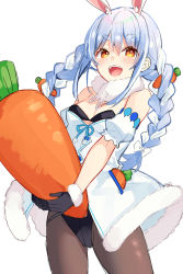 Rule 34 | 1girl, :d, animal ear fluff, animal ears, bekotarou, black gloves, blue hair, braid, breasts, brown pantyhose, carrot, carrot hair ornament, cleavage, food-themed hair ornament, gloves, hair ornament, highres, holding, hololive, looking at viewer, medium breasts, multicolored hair, open mouth, orange eyes, pantyhose, rabbit ears, simple background, smile, solo, thick eyebrows, twin braids, two-tone hair, usada pekora, usada pekora (1st costume), virtual youtuber, white background, white hair