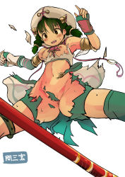Rule 34 | 1girl, absurdres, anus, braid, breasts, convenient censoring, female focus, female pubic hair, hat, highres, namco, navel, nipples, open mouth, pubic hair, simple background, solo, soul calibur, soulcalibur, soulcalibur iii, spread legs, talim, tenteco (covamin), torn clothes, twin braids, white background