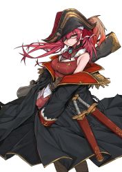 Rule 34 | &gt;:(, 1girl, ascot, bicorne, black coat, black hat, bow, breasts, cleavage, closed mouth, coat, cropped jacket, frown, gold trim, hair bow, hair ribbon, hat, highres, hololive, houshou marine, large breasts, long hair, looking at viewer, pirate, pirate hat, red ascot, red eyes, red hair, red ribbon, ribbon, see-through, see-through cleavage, serious, sleeveless, sleeveless jacket, solo, standing, sword, takoongyi, twintails, v-shaped eyebrows, very long hair, virtual youtuber, weapon