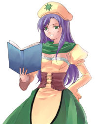 Rule 34 | 1girl, atelier (series), blue hair, book, chemist (final fantasy), commentary, faris scherwiz, final fantasy, final fantasy v, green eyes, hand on own hip, hat, holding, holding book, long hair, open mouth, parody, purple hair, reading, simple background, solo, sweatdrop, udon (memai no kabe), white background