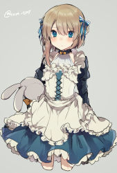 Rule 34 | 1girl, arms behind back, asymmetrical hair, bad id, bad pixiv id, blonde hair, blue eyes, blush, bow, cropped legs, cross-laced clothes, dress, frilled dress, frills, grey background, hair between eyes, hair bow, holding, holding stuffed toy, ikeuchi tanuma, long hair, long sleeves, looking at viewer, original, simple background, solo, standing, stuffed animal, stuffed rabbit, stuffed toy, twitter username