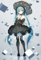 Rule 34 | 1girl, bare shoulders, black bow, black bowtie, black dress, black footwear, black gloves, black pantyhose, black umbrella, blue eyes, blue hair, blurry, blush, boots, bow, bowtie, breasts, choker, closed mouth, collarbone, cube, depth of field, detached sleeves, dress, earrings, floating, floating object, frilled dress, frills, full body, gloves, gothic lolita, grey background, hairband, halterneck, hatsune miku, heart, heart earrings, jewelry, juliet sleeves, knee boots, lolita fashion, lolita hairband, long hair, long sleeves, looking to the side, matching hair/eyes, pantyhose, puffy sleeves, qys3, revision, ribbon choker, simple background, single earring, small breasts, solo, standing, tattoo, umbrella, very long hair, vocaloid
