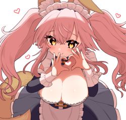 Rule 34 | 1girl, alternate breast size, alternate costume, animal ear fluff, animal ears, breasts, cleavage, enmaided, fang, fate/extra, fate (series), fox ears, fox girl, fox tail, hair between eyes, heart, heart hands, huge breasts, large breasts, looking at viewer, maid, pink hair, simple background, solo, tail, tamamo (fate), tamamo no mae (fate/extra), tamamo no mae (tailmaid strike) (fate), tsukimi okayu, twintails, white background, yellow eyes