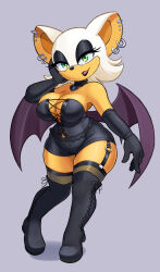 Rule 34 | 1girl, alternate costume, bat wings, black choker, black corset, black footwear, black gloves, black lips, black shorts, boots, breasts, choker, cleavage, corset, dark-skinned female, dark skin, dstears art, earrings, elbow gloves, gloves, goth fashion, green eyes, grey background, highres, jewelry, large breasts, looking at viewer, open mouth, revealing clothes, rouge the bat, short shorts, shorts, simple background, solo, sonic (series), thigh boots, wings