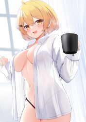 Rule 34 | 1girl, ahoge, black panties, blonde hair, blush, breasts, cocozasa, commentary request, cowboy shot, cup, fang, hair between eyes, hair ornament, hairclip, highres, holding, holding cup, hololive, large breasts, long sleeves, looking at viewer, naked shirt, navel, open clothes, open mouth, open shirt, orange eyes, panties, partial commentary, puffy long sleeves, puffy sleeves, see-through, see-through shirt, shirt, short hair, solo, steam, stomach, underwear, virtual youtuber, white shirt, yozora mel