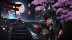 Rule 34 | animal ear fluff, animal ears, bare shoulders, bell, black hair, black skirt, black sleeves, cherry blossoms, detached sleeves, full moon, glowing, glowing eyes, grass, highres, hololive, jingle bell, lantern, long hair, mask, midriff, moon, multicolored hair, night, ookami mio, outdoors, petals, sidelocks, skirt, stairs, standing, tail, torii, tree, virtual youtuber, wide sleeves, wolf ears, wolf girl, wolf mask, wolf tail, yamabuki7979