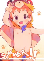 Rule 34 | !, !!, 1boy, animal hood, bear hood, cape, child, commentary, english text, highres, hood, looking at viewer, male focus, nemui (nemuriyagi), nipples, open mouth, original, paw print, purple eyes, red hair, short hair, simple background, solo, white background